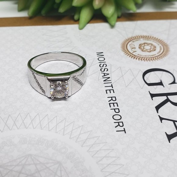 Men Moissanite Ring Engagement Ring 925 Sterling Silver Band for Men (M107) - Picture 2 of 5